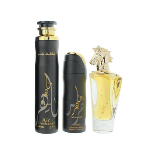 Lattafa Perfumes Maahir Gift Set 100ml Edp + 200ml Perfumed Body + 300ml Air Freshener